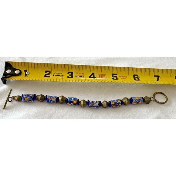 Bracelet Venetian Millefiori Glass African Trade Beads Yellow Blue Cylindrical - Picture 11 of 12